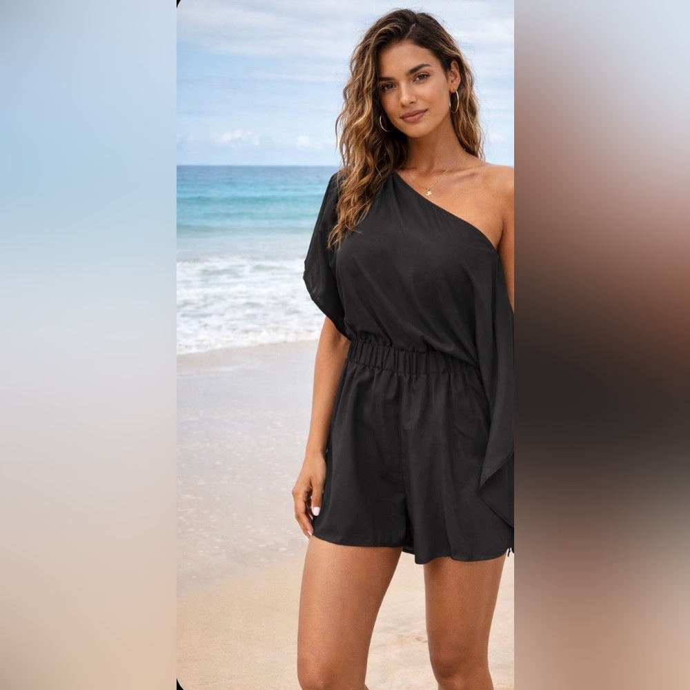 Cupshe Black One-Shoulder Swim Coverup Romper
